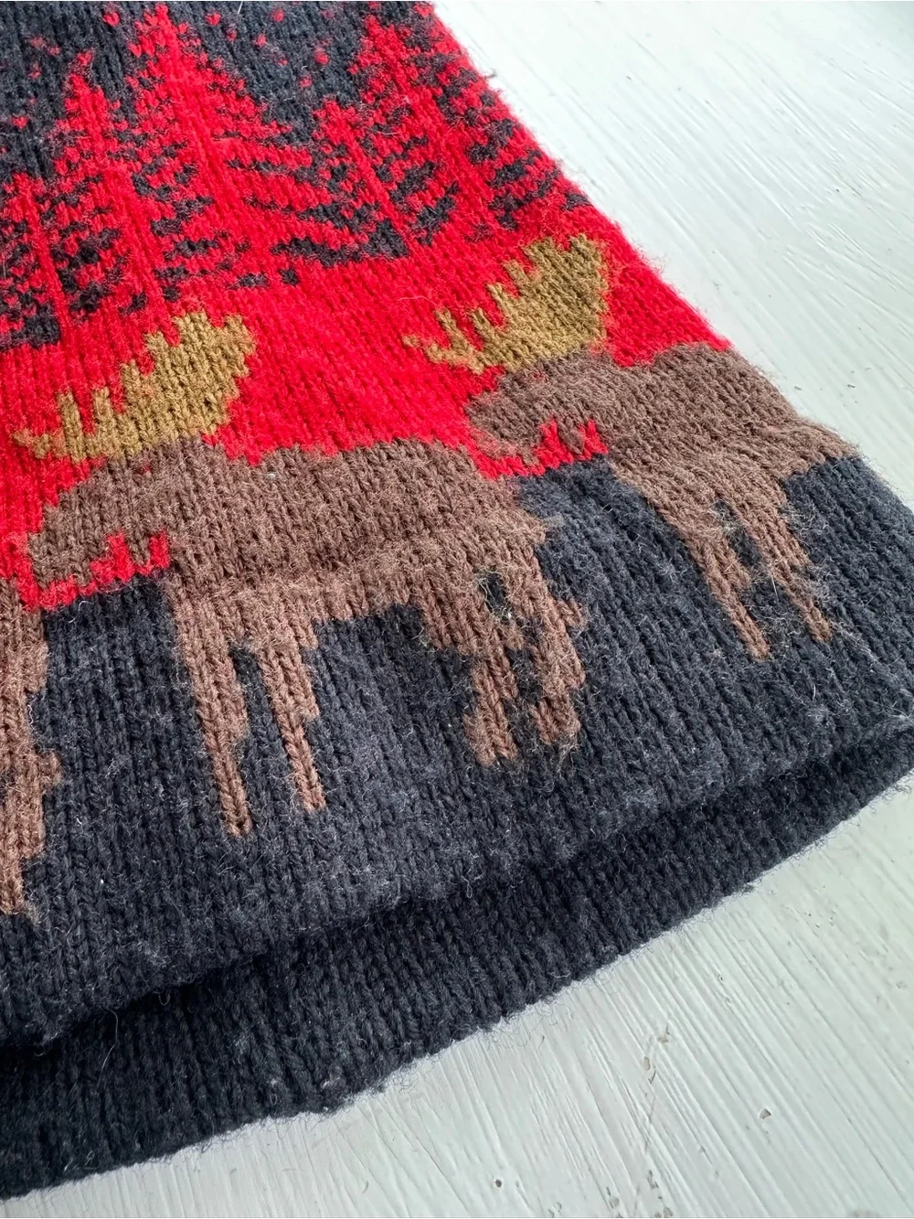 Vintage Maine Moose Beanie Hat Lodgecore Red Black Fair Isle Winter Ski